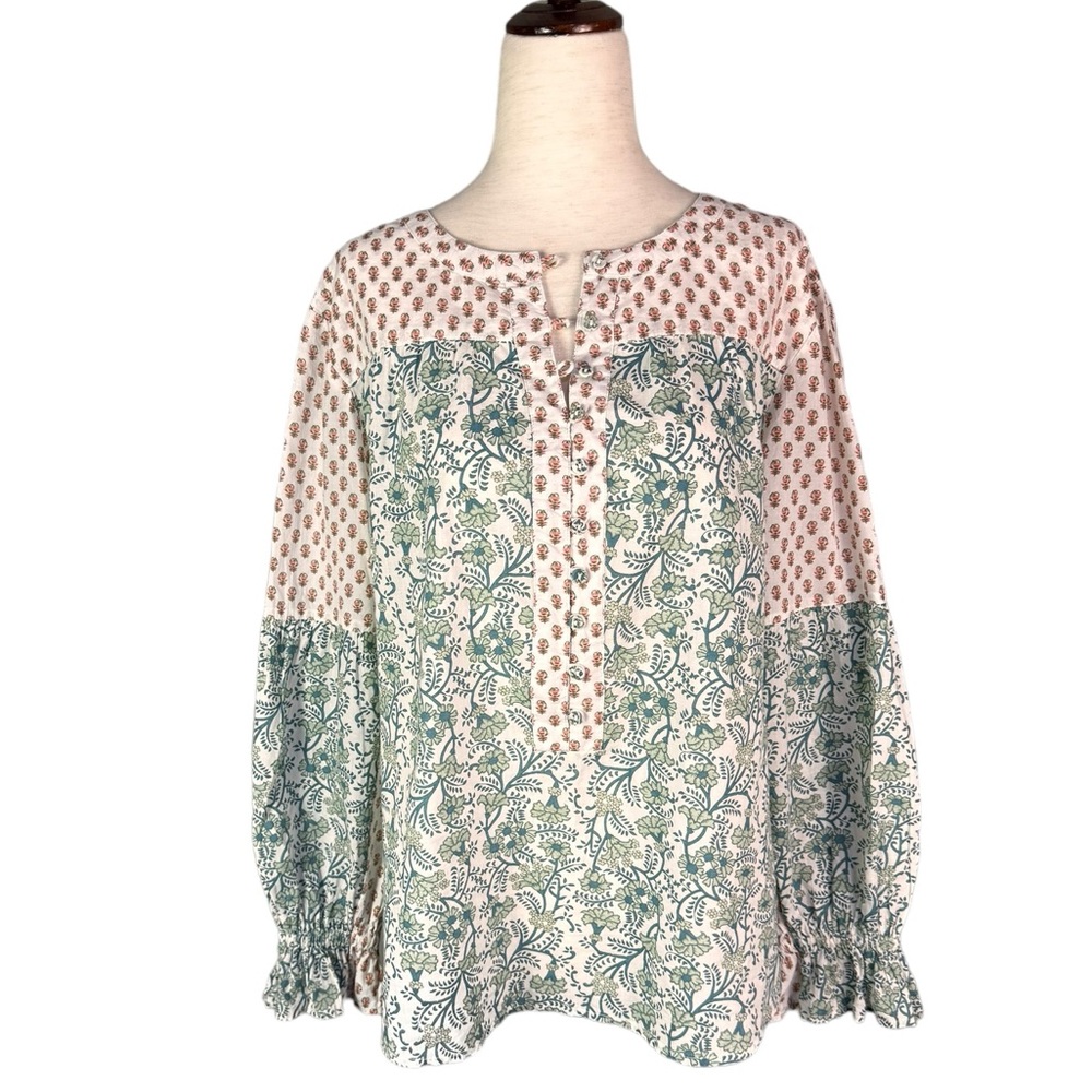 Sundance Sz Petite Medium PM Floral Long Sleeve Ruffle Elastic Cuffs Peasant Top